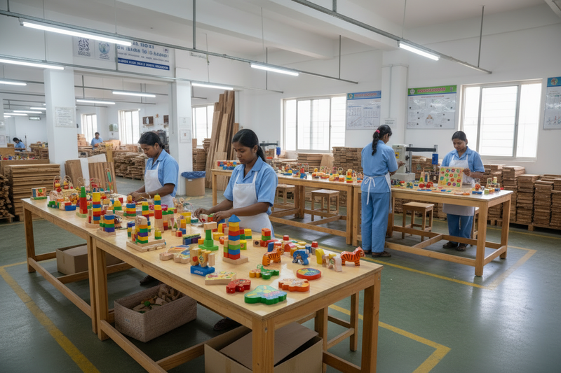 Indian wooden toy factory testing wooden toy for safety and quality 