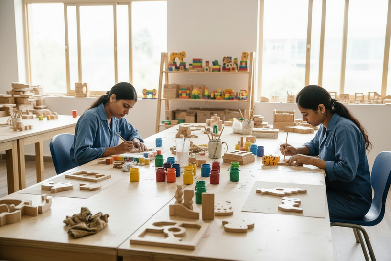 Indian wooden toy factory, toy coloring with non toxic, acrylic paints 